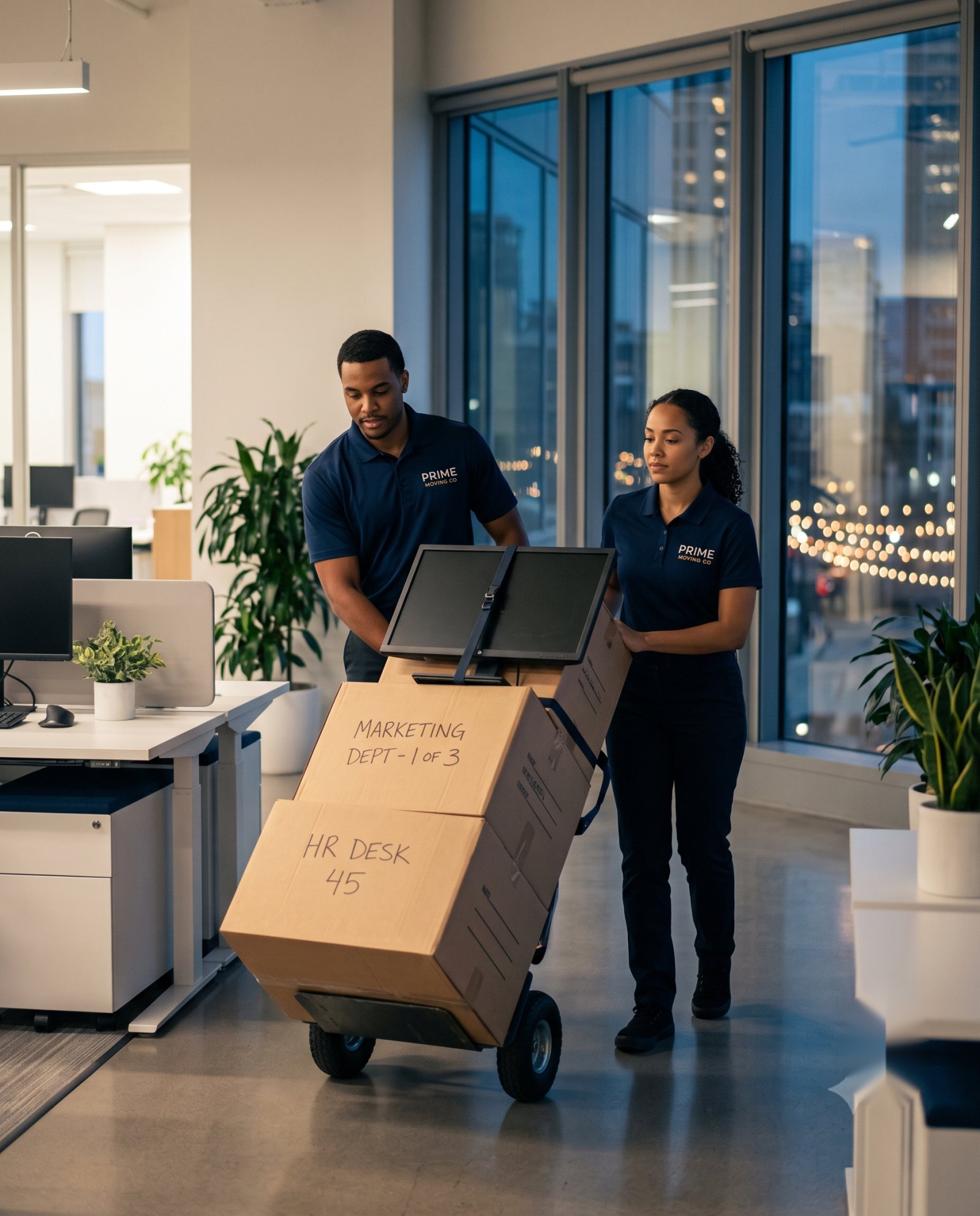 Prime Moving USA crew relocating office equipment