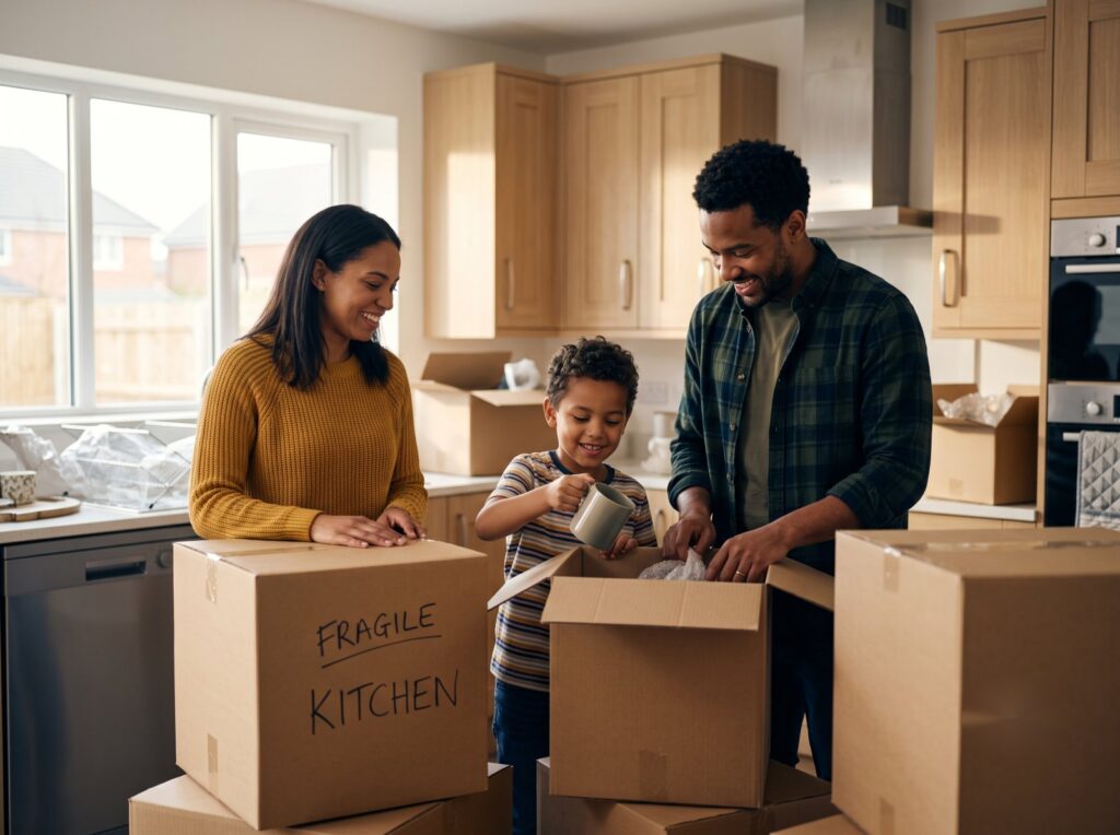 Family unpacking kitchen