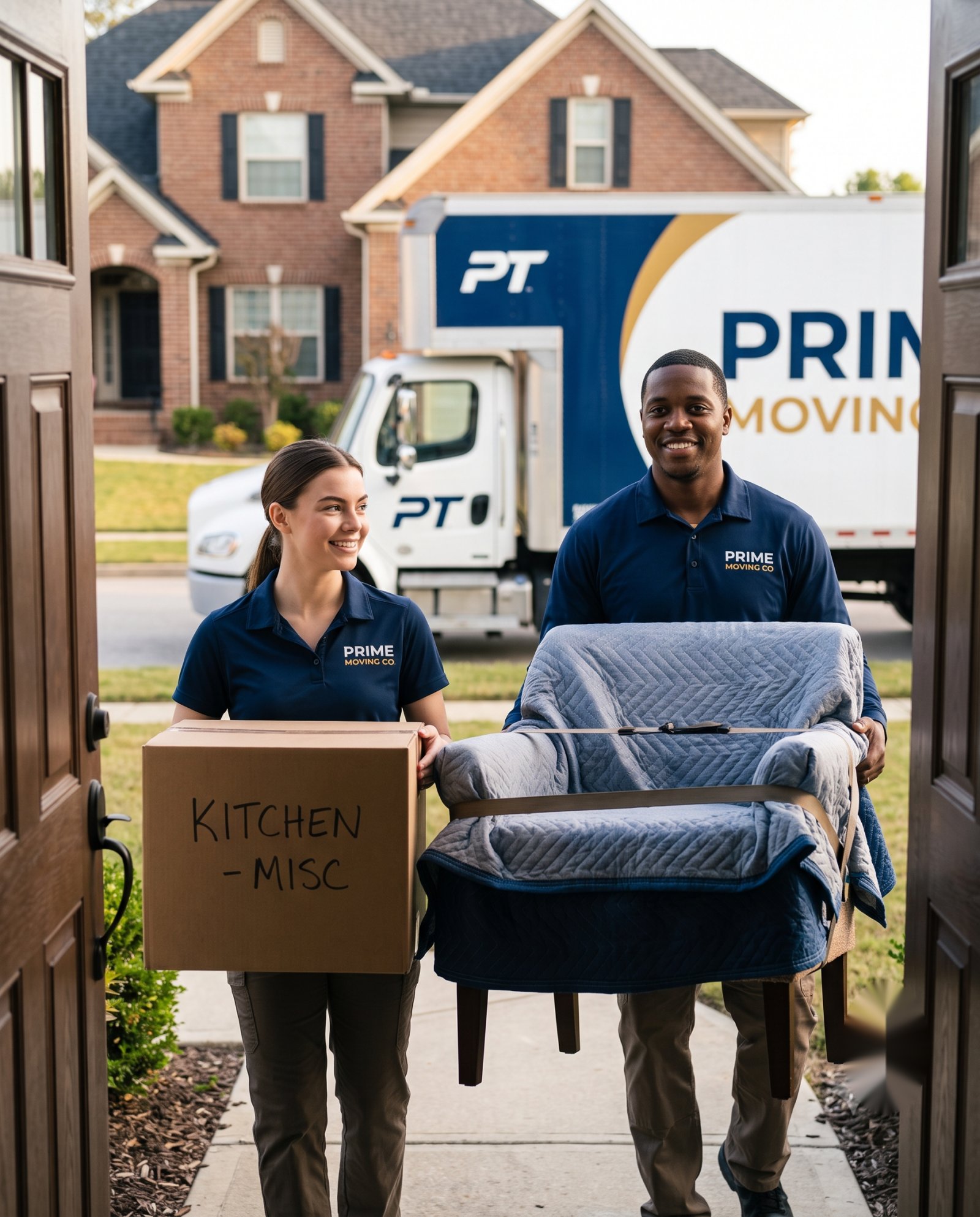 Prime Moving USA crew carrying furniture into a home