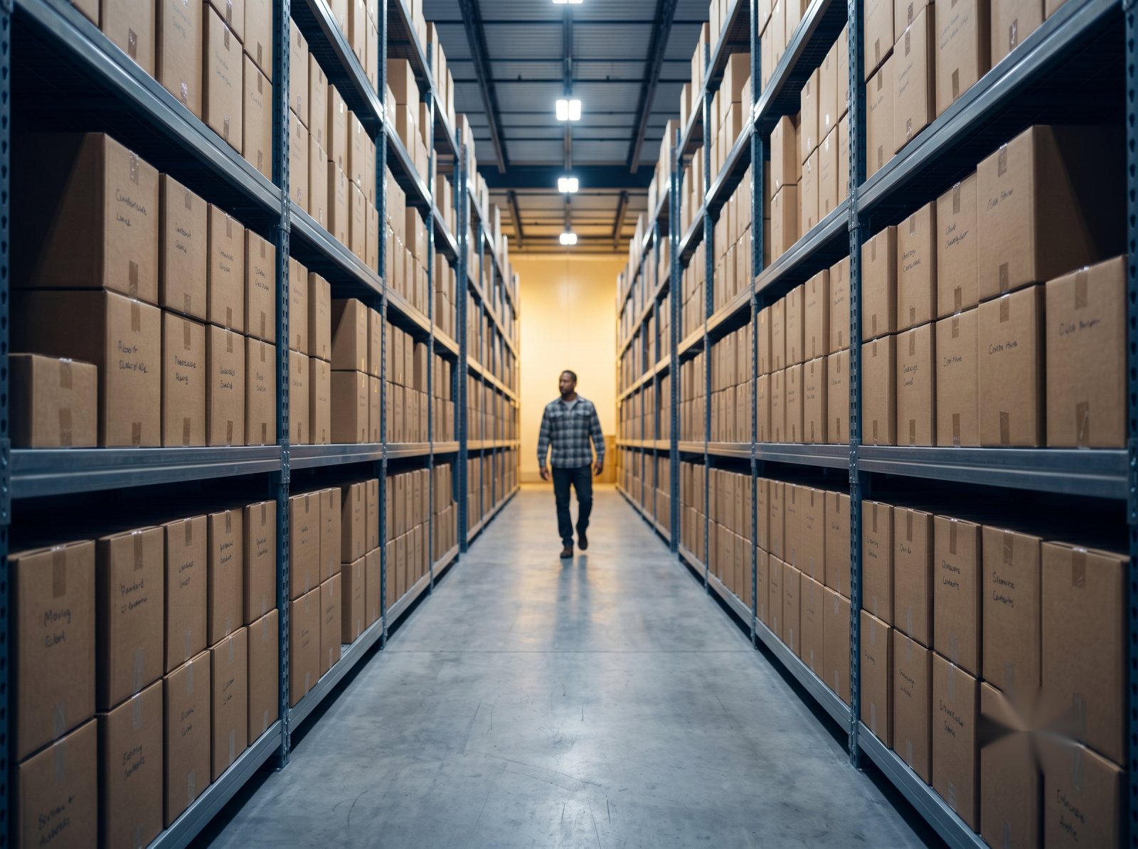 Secure storage warehouse with labelled boxes