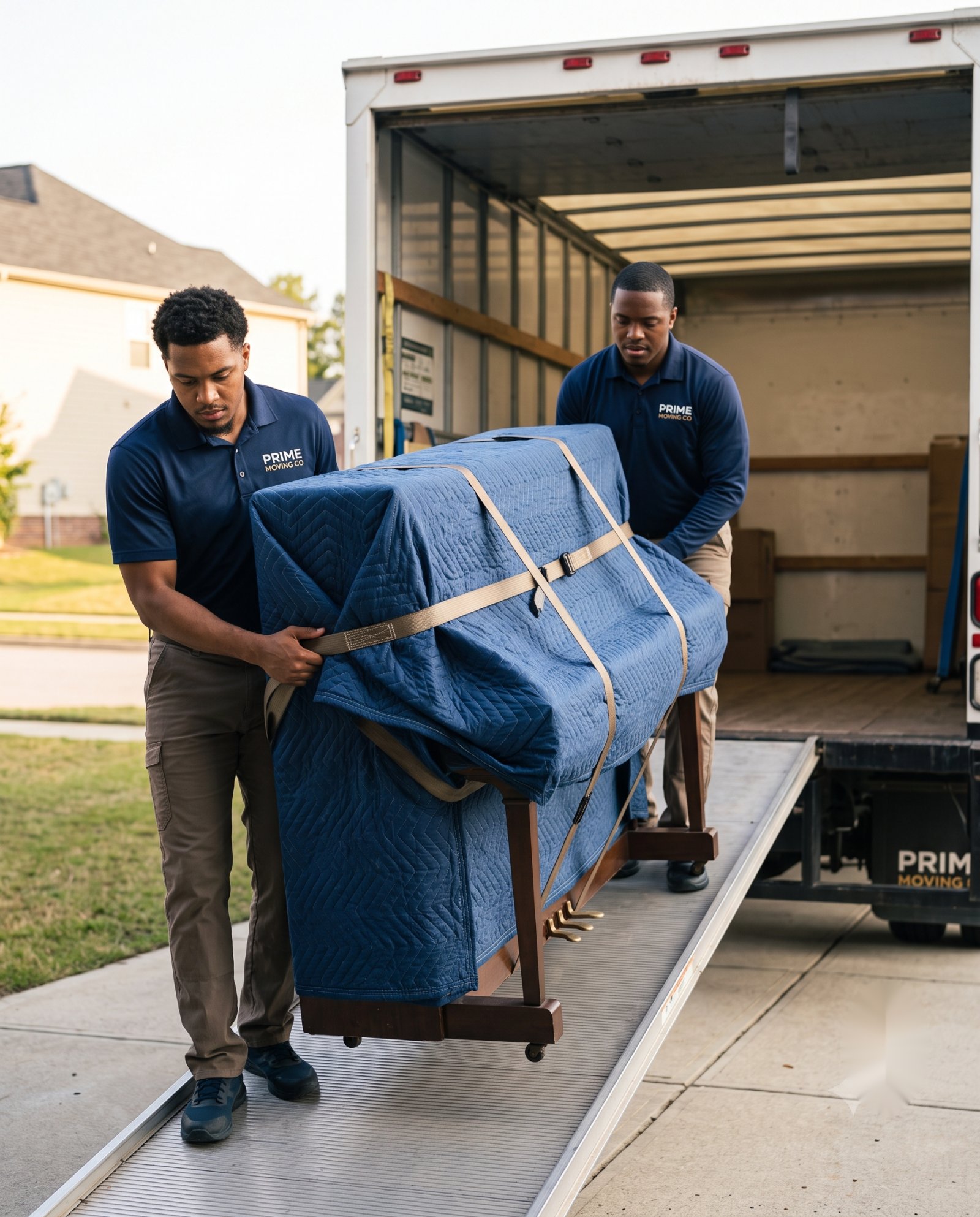 Crew moving a blanket-wrapped piano up a ramp