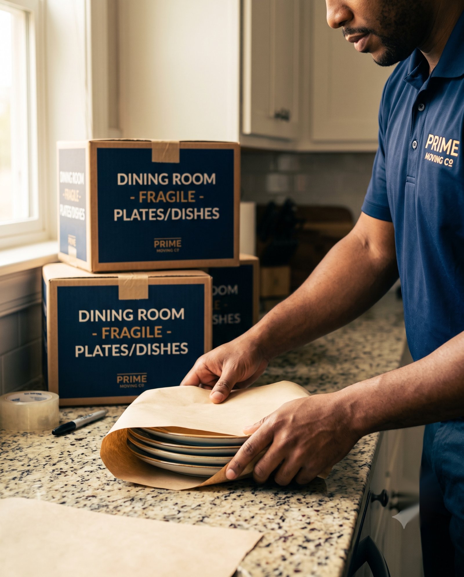 Mover wrapping dishes in packing paper