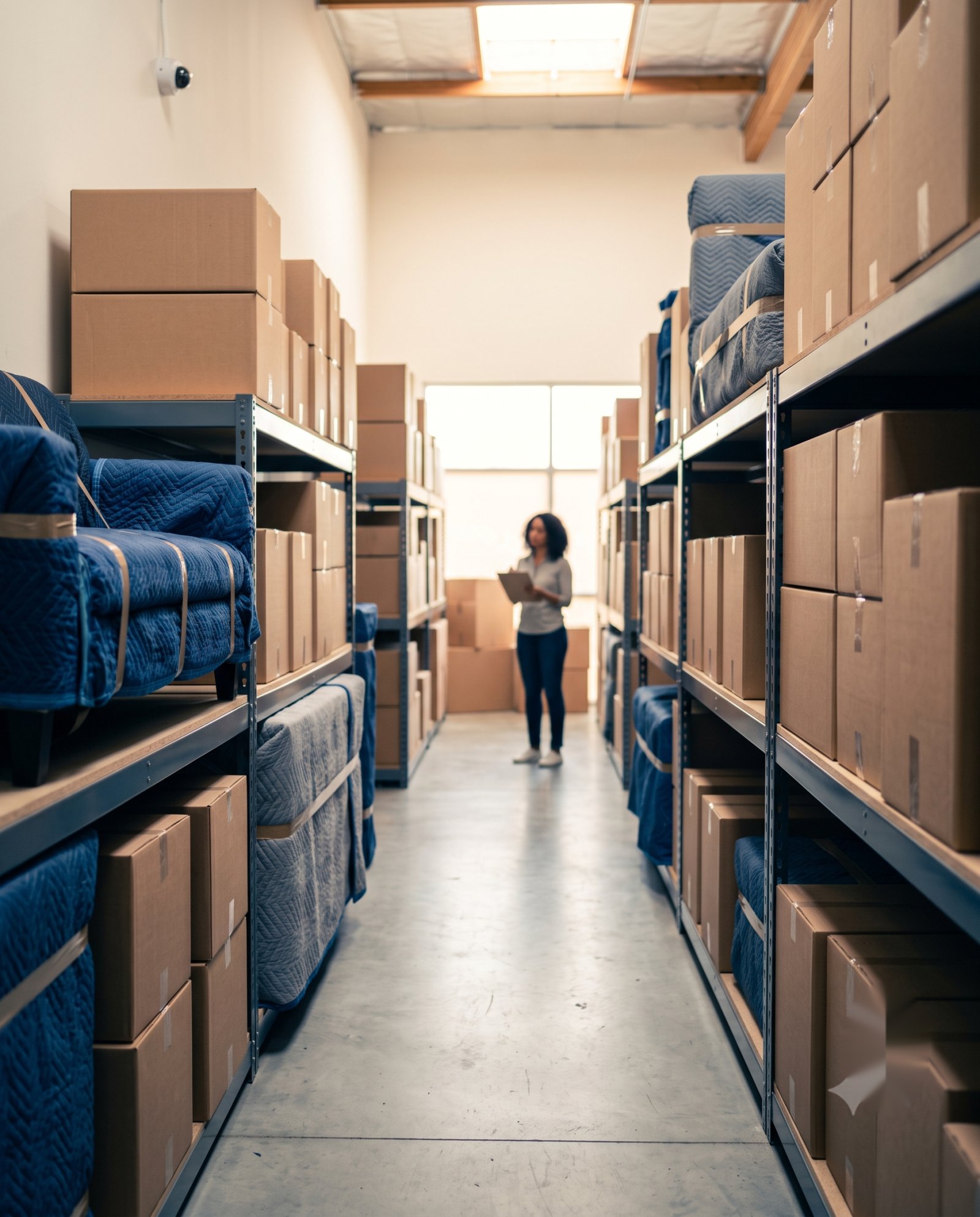 Secure storage facility aisle with blanket-wrapped furniture and inventoried boxes on racking